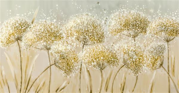 پوستر دیواری طرح گل‌های قاصدک طلایی و درخشان با سبک نقاشی مدرن برای پذیرایی و لابی هتل