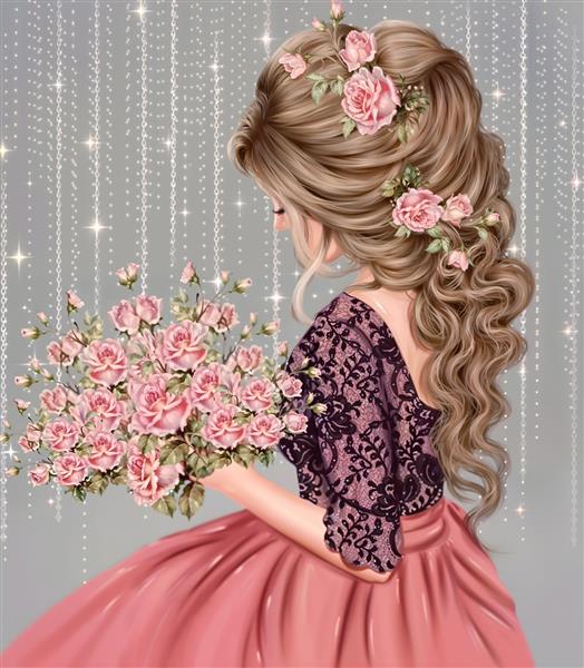 تصویر فانتزی دختر با موهای فر و گل رز صورتی مناسب پوستر دیواری اتاق خواب دخترانه و چاپ روی دفترچه و کوسن