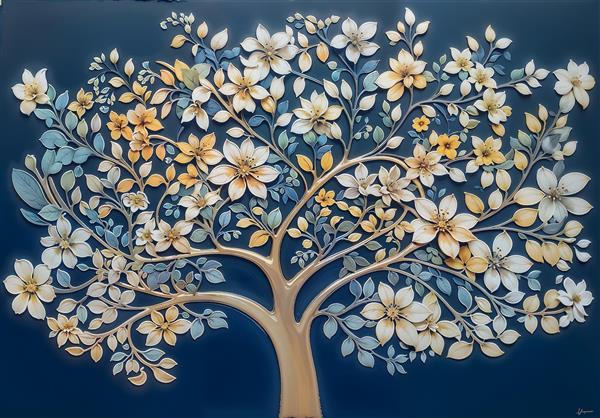 طرح هنری درخت سفید و زرد در زمینه سرمه‌ای تیره مناسب پوستر دیواری لابی، پشت میز مدیریت و سالن پذیرایی