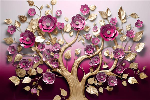 پوستر دیواری سه بعدی درخت گل‌های سرخابی و برگ‌های طلایی برای دکوراسیون پشت تلویزیون و تالار عروسی