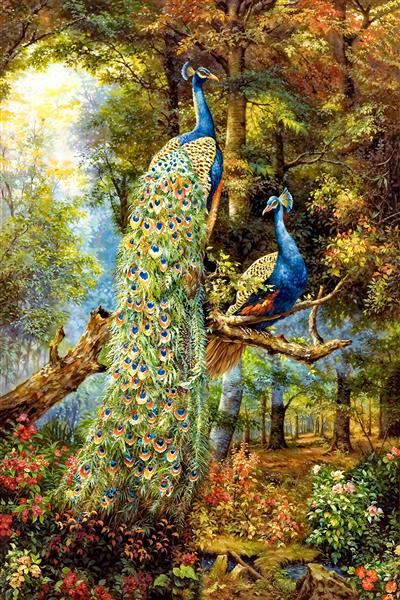 نقاشی کلاسیک طاووس‌های زیبا در جنگل انبوه برای پوستر دیواری قدی، تابلوی لابی ویلا و رستوران‌های سنتی