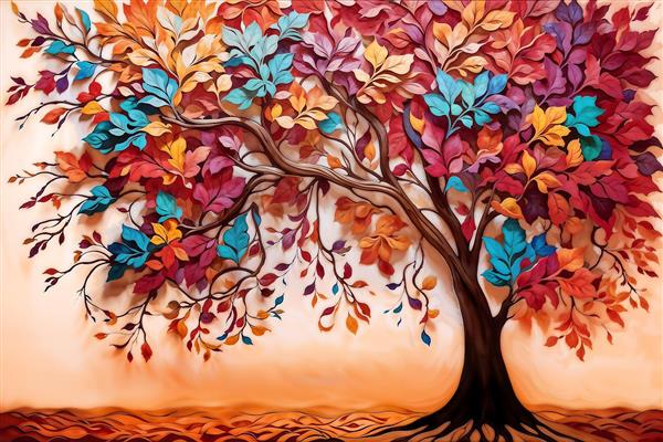 درخت پاییزی با برگ‌های رنگارنگ برجسته برای پوستر دیواری پذیرایی، دیوار سالن ناهارخوری و کافه‌های هنری