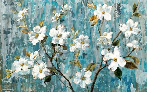 نقاشی مدرن گل‌های سفید روی بوم با تم فیروزه‌ای ویژه پوستر دیواری پشت تخت، مطب پزشکان و لابی هتل