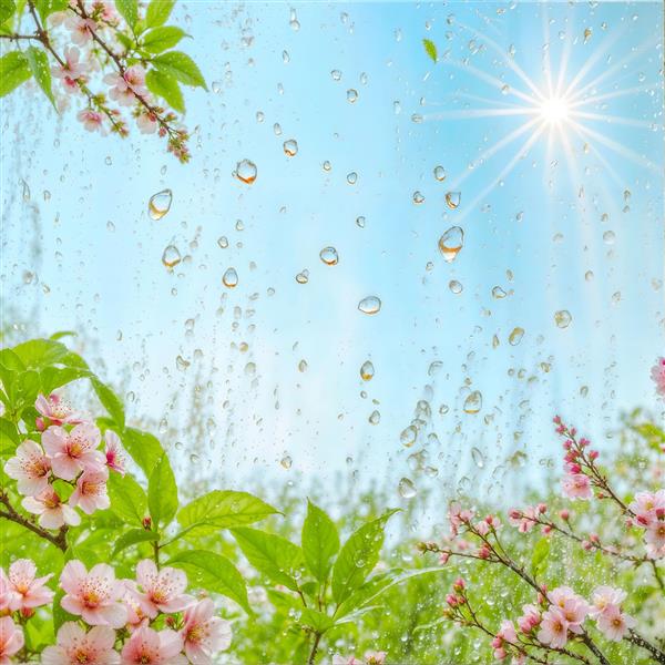منظره بهاری شکوفه‌ها و قطرات باران روی شیشه مناسب برای پوستر دیواری شاد در آشپزخانه، کلینیک و پنجره مجازی