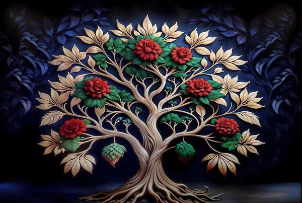طرح برجسته درخت زندگی با گل‌های رز قرمز مناسب برای پوستر دیواری عمودی، کوسن و قاب دکوراتیو تالارها
