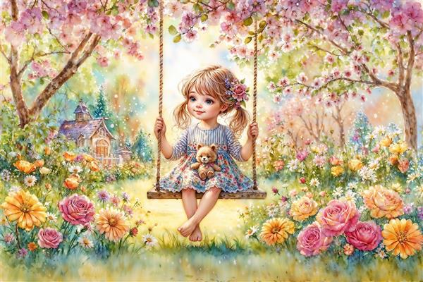 نقاشی آبرنگ دختر بچه و خرس تدی روی تاب در باغ گل مناسب پوستر دیواری اتاق کودک، مهدکودک و روتختی نوزاد