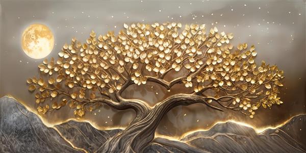 طرح لوکس درخت طلایی و کوهستان زیر نور ماه ویژه پوستر دیواری پذیرایی، تالار پذیرایی و دیوار پشت تلویزیون