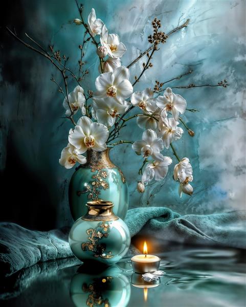 تصویر باکیفیت گلدان ارکیده سفید و شمع روشن ویژه چاپ روی پرده، رومیزی و پوستر دیواری اتاق خواب و مراکز ماساژ