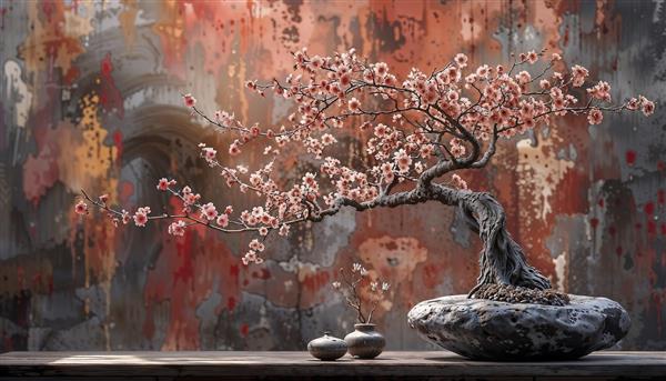 بونسای شکوفه گیلاس با پس‌زمینه انتزاعی هنری مناسب برای پوستر دیواری پذیرایی و تابلو دکوراتیو لوکس در هتل‌ها