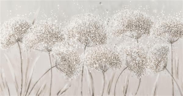 طرح نقاشی قاصدک‌های نقره‌ای درخشان مناسب پوستر دیواری سه بعدی پذیرایی و سالن زیبایی لوکس