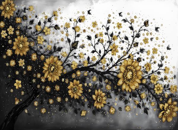 پوستر دیواری سه بعدی طرح شاخه گل‌های طلایی و سیاه لوکس برای دکوراسیون تالار پذیرایی و هتل