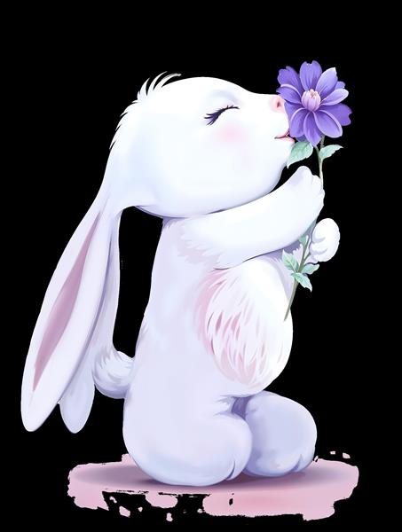 طرح نقاشی خرگوش سفید در حال بو کردن گل بنفش ویژه چاپ روی کوسن و دفترچه یادداشت فانتزی