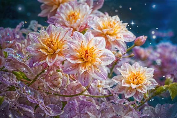 تصویر رویایی گل‌های صدتومانی صورتی با ذرات درخشان مناسب چاپ روی پرده، روتختی و کوسن