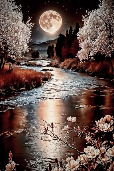 پوستر دیواری عمودی منظره رودخانه در شب با ماه کامل و درختان سفید جهت نصب در اتاق خواب و راهرو