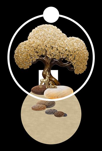 پوستر دیواری مدرن طرح دایره‌ای درخت فانتزی و گوزن طلایی برای دکوراسیون مینیمال و اتاق نشیمن