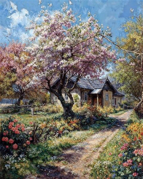نقاشی منظره کلبه روستایی و شکوفه‌های بهاری مناسب تابلو دکوراتیور و پوستر دیواری پذیرایی منزل