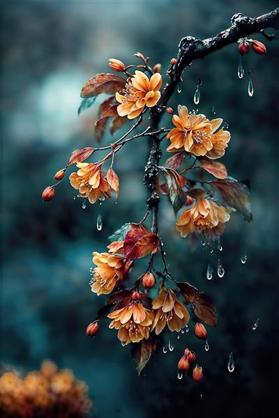 تصویر باکیفیت شکوفه‌های بهاری نارنجی با قطرات شبنم مناسب چاپ روی بوم و پوستر دیواری اتاق خواب