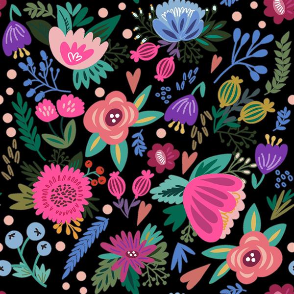 طرح الگوی گل‌گلی رنگارنگ فانتزی با پس‌زمینه مشکی مناسب پوستر دیواری اتاق کودک، سرویس خواب، پارچه روتختی و چاپ روی محصولات فانتزی
