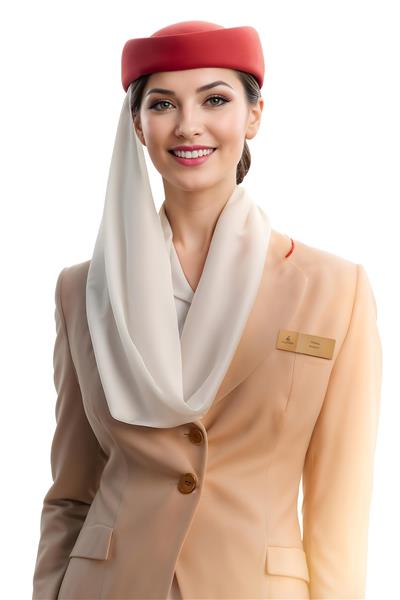 تصویر استوک باکیفیت مهماندار هواپیما با لبخند زیبا و اونیفورم رسمی جهت چاپ پوستر دیواری آژانس مسافرتی، پرده تصویری و تابلوهای فرودگاهی