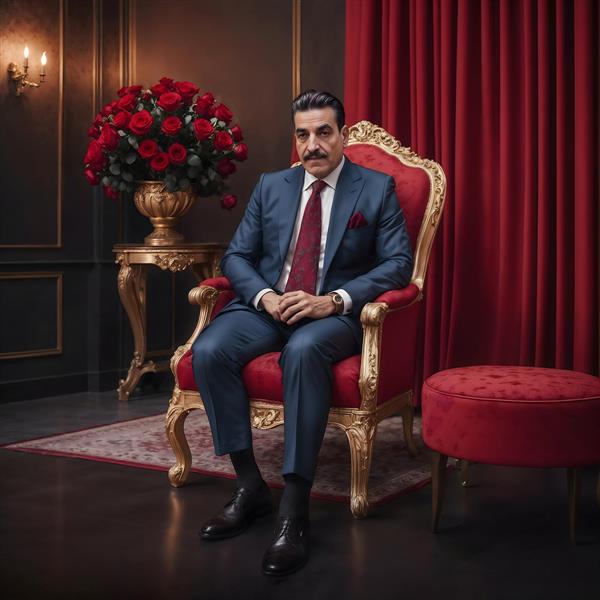 تصویر دکوراتیو مرد با پرستیژ در دکوراسیون کلاسیک با گل‌های رز قرمز مناسب پوستر دیواری دفاتر مدیریت، لابی هتل و تالارهای پذیرایی مجلل