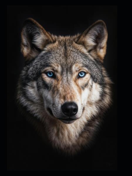 پوستر دیواری گرگ با چشمان آبی خیره‌کننده در پس‌زمینه تیره مناسب برای دکوراسیون مدرن اتاق خواب جوانان، دفتر کار و چاپ تابلو شاسی و کوسن