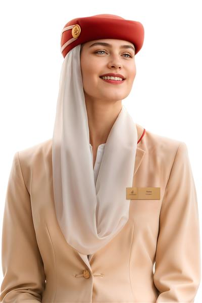 پرتره لبخند مهماندار زن با کلاه قرمز و اونیفورم شیک ویژه چاپ پوستر دیواری، استندهای تبلیغاتی فرودگاهی و دکوراسیون داخلی آژانس هواپیمایی