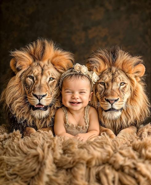 عکس فانتزی نوزاد در میان دو شیر قدرتمند مناسب برای چاپ پوستر دیواری سیسمونی و دکوراسیون خاص آتلیه کودک