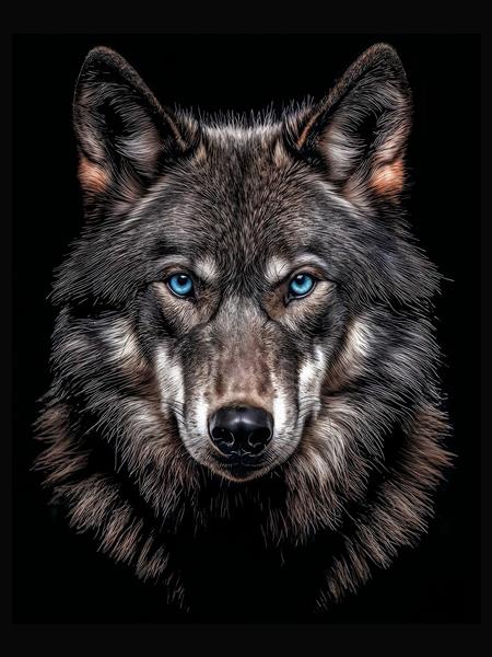 طرح گرافیکی چهره گرگ با چشم‌های آبی نافذ ویژه پوستر دیواری اتاق جوانان و دکوراسیون مدرن باشگاه ورزشی