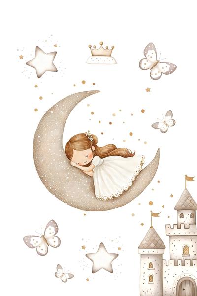 پوستر دیواری فانتزی دخترانه طرح فرشته روی ماه و قصر رویایی برای دکوراسیون اتاق نوزاد و مهدکودک