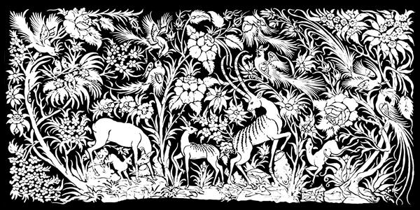 پوستر دیواری سه بعدی طرح جنگل مینیاتوری و حیوانات اساطیری با جزئیات نقره‌ای و مشکی برای لابی و پشت میز پذیرش