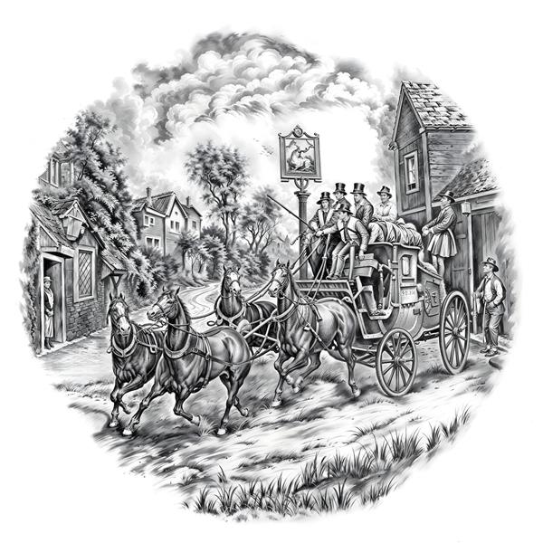 طرح حکاکی کلاسیک درشکه و اسب در شهر قدیمی برای پوستر دیواری کافه و محیط‌های هنری