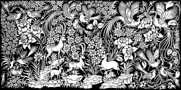 وکتور سیاه و سفید باغ وحش مینیاتوری با آهو و پرنده برای چاپ روی دفترچه و کاغذ دیواری