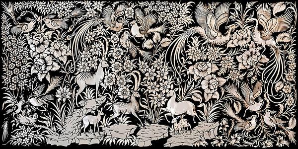 طرح هنری گل و مرغ و آهو با پس‌زمینه تیره برای پوستر دیواری سنتی و چاپ روی فرش