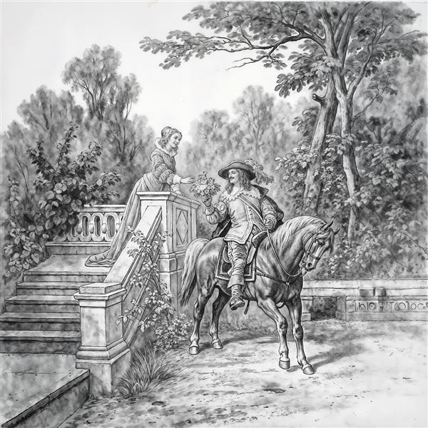 نقاشی مینیاتوری سیاه و سفید از ملاقات اشرافی ویژه تابلو دکوراتیو و پوستر دیواری لابی