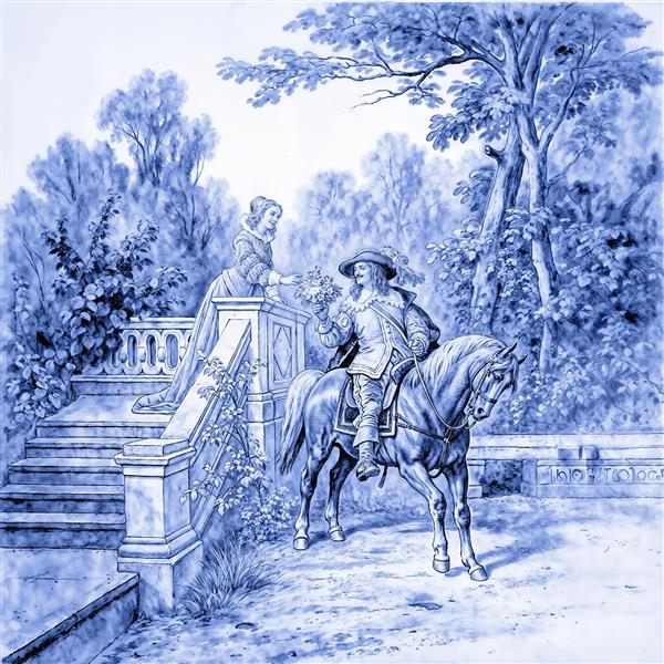 منظره کلاسیک آبی و سفید طرح ظروف چینی برای پوستر دیواری پذیرایی و چاپ ظروف آشپزخانه لوکس