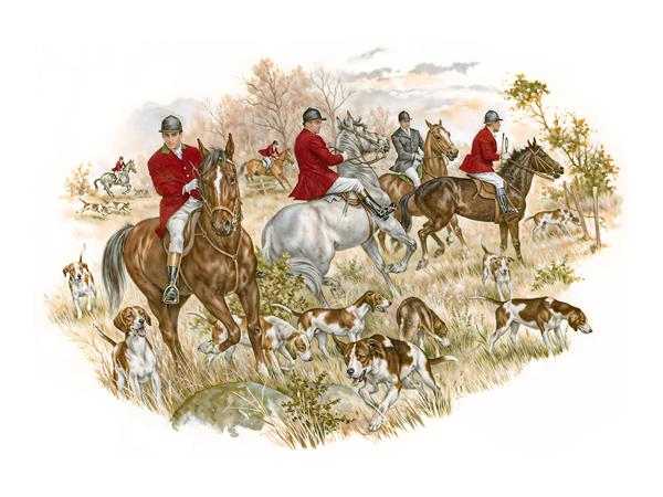 نقاشی نوستالژیک شکار با اسب و سگ شکاری مناسب پوستر دیواری هتل‌ها و رستوران‌های سنتی