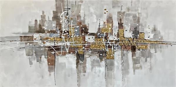منظره انتزاعی شهر و ساختمان‌های مدرن با رگه‌های طلایی ویژه پوستر دیواری پذیرایی و لابی