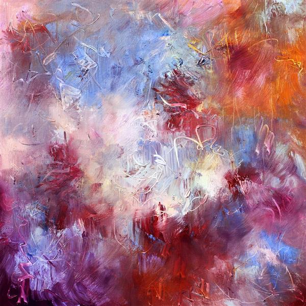 طرح انتزاعی رنگ روغن با تناژ بنفش و صورتی مناسب کاغذ دیواری سفارشی و پرده تصویری اتاق خواب