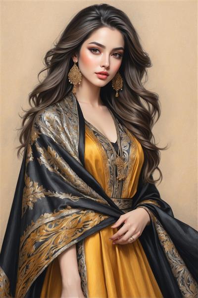 پوستر سه بعدی زن با لباس زرد و شال طرح‌دار سنتی ایده آل برای دکوراسیون خانه‌های مدرن و اتاق مهمان