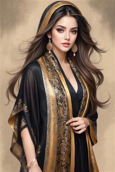 تصویر هنری زن با پوشش عبایی مشکی و حاشیه طلایی اسلیمی برای پوستر دیواری رستوران‌های سنتی و هتل‌ها