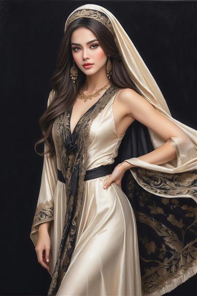 پوستر دیواری زن در لباس شب ساتن کرم با شنل کار شده مشکی مناسب برای دیوار پشت تلویزیون و نشیمن