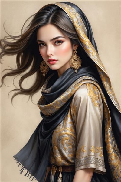 طرح لوکس زن با شال طرح‌دار و گوشواره‌های بزرگ برای چاپ تابلو بوم و پوستر دیواری فضاهای اداری و تجاری