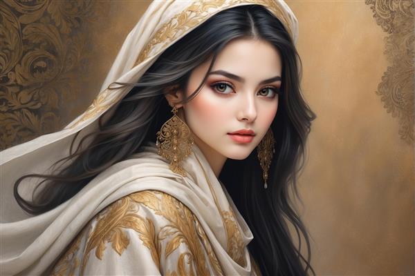 پوستر دیواری نمای نزدیک چهره زن با پوشش کرم و طلایی و آرایش حرفه‌ای برای دکوراسیون داخلی آرایشگاه و آتلیه