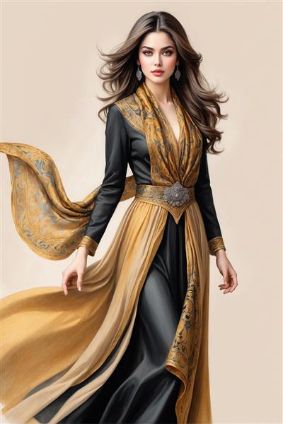 تصویر باکیفیت مدل زن با لباس مجلسی دنباله‌دار مشکی و طلایی ویژه چاپ پوستر دیواری تالار و اتاق خواب مستر