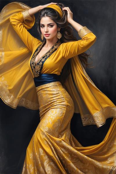پوستر سه بعدی رقصنده شرقی با لباس زرد درخشان و اکسسوری‌های خاص ایده آل برای سالن‌های ورزشی و باشگاه بانوان