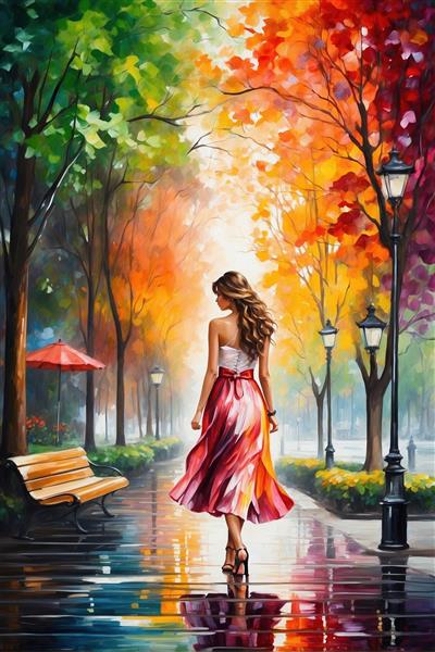 تابلو دکوراتیو طرح نقاشی رنگ روغن پیاده‌روی زن در پارک پاییزی بارانی مناسب پوستر دیواری پذیرایی و کافی‌شاپ