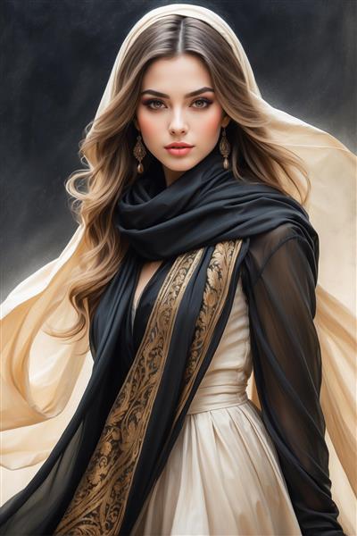 پوستر دیواری مدرن چهره زن با شال مشکی و کرم و لباس حریر ایده آل برای اتاق خواب دخترانه و مزون های لوکس