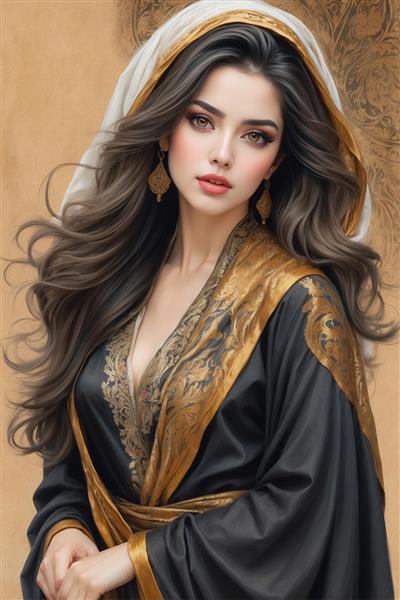 پوستر چهره ملکه با پوشش سر توری و لباس گلدوزی شده طلایی عالی برای قاب عکس دکوراتیو و پشت میز مدیریت