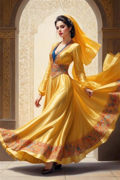 تصویر زن با لباس زرد بلند در درگاه معماری سنتی ایرانی مناسب پوستر دیواری سه بعدی و دکوراسیون ویلا
