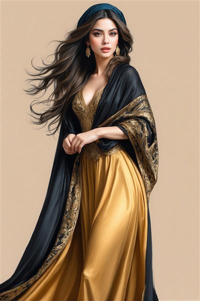 طرح عمودی پوستر دیواری زن در لباس مجلسی حریر مشکی و طلایی برای دکوراسیون مزون و آرایشگاه زنانه